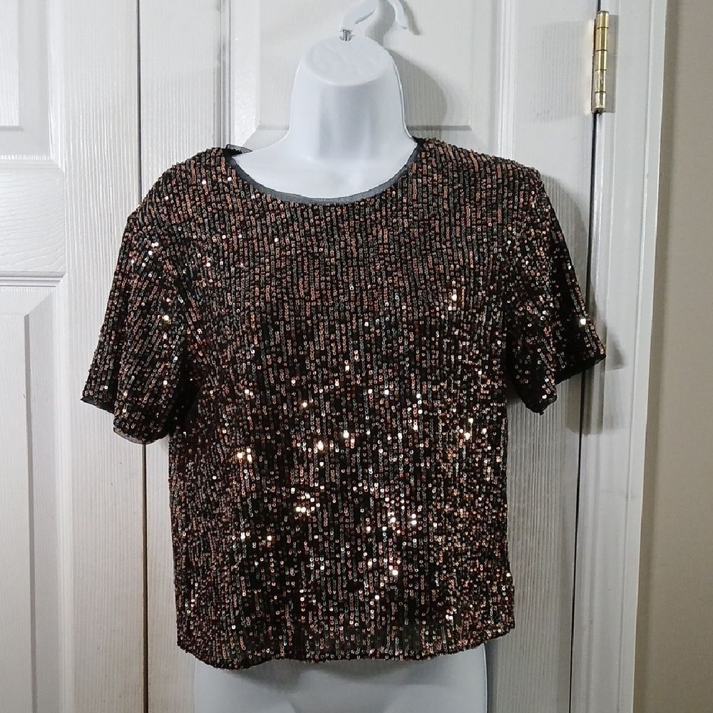 Cat & Jack Sequin Black and Bronze Girls Holiday Party Top Sz L (10/12) NWOT